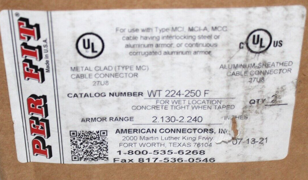 ⭐NEW IN BOX⭐ BOX OF 2 WT 224-250 F PERFIT MC Cable Connector 2-1/2″ Npt 🔴USA🔵