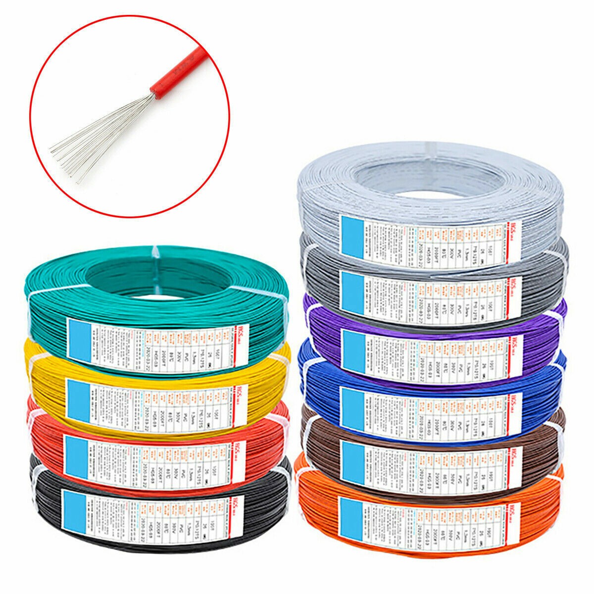 16AWG to 30AWG PVC Flexible Electronic Wire Stranded Cable UL1007 11 Colors