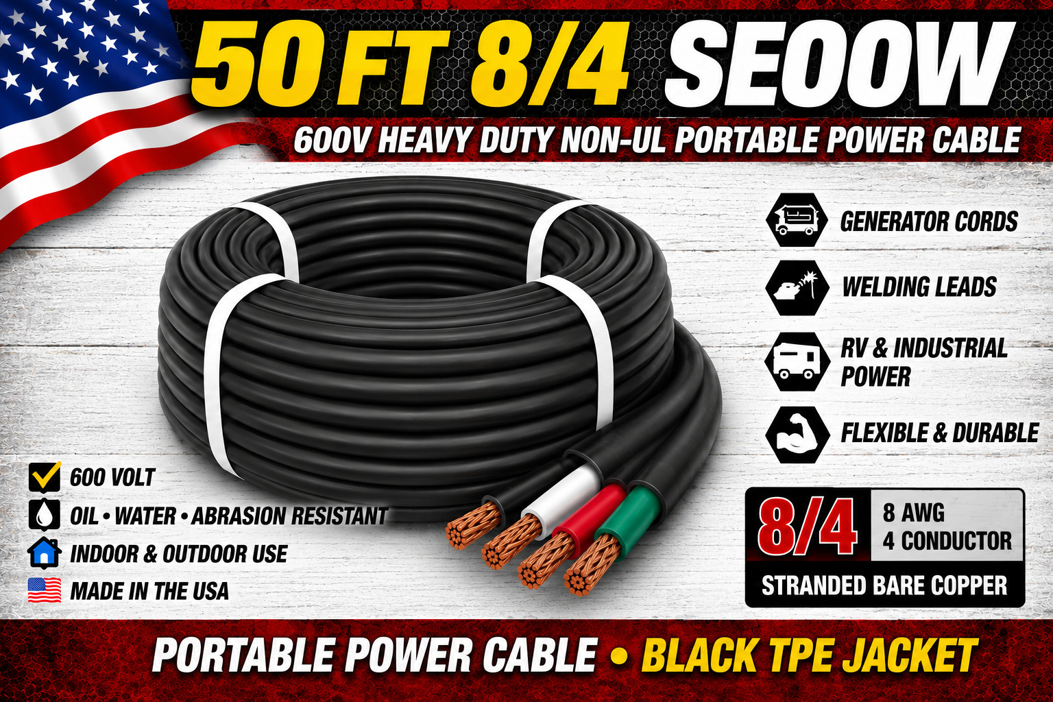 50 FT 8/4 SEOOW Cord 600V Heavy Duty Indoor Outdoor Portable Power Cable Produ