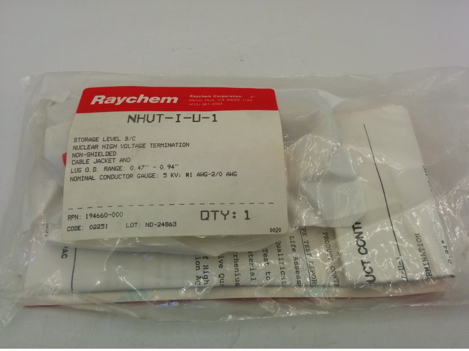 RAYCHEM NHUT-I-U-1 NUCLEAR HIGH VOLTAGE TERMINATION CABLE JACKET AND LUG, NIB