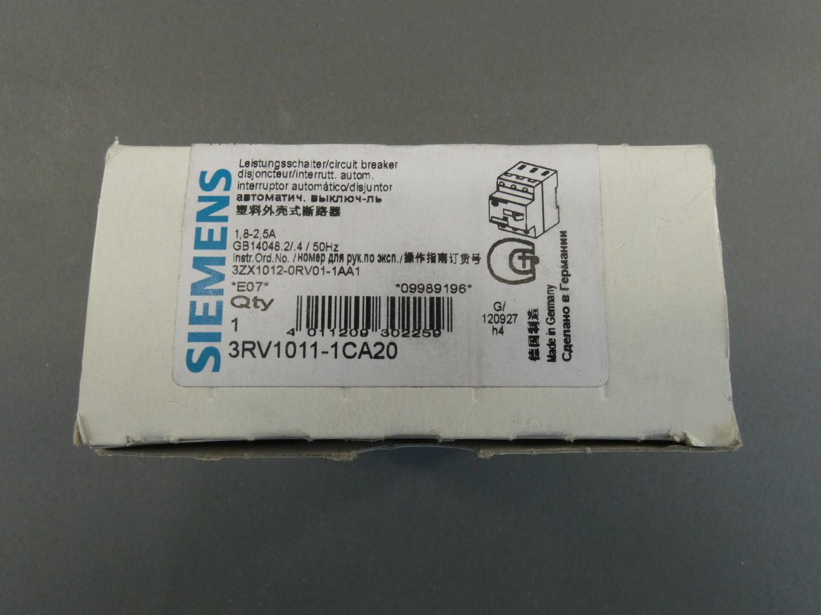 Siemens 3RV1011-1CA20 Circuit Breaker, 1.8-2.5 Amps – NEW Surplus!