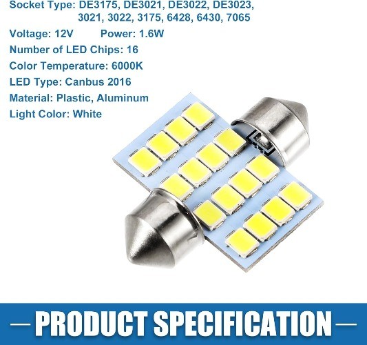 2835 Chipset 16-SMD 6000K White LED Festoon Bulb, 31mm for Car Interior Dome Map