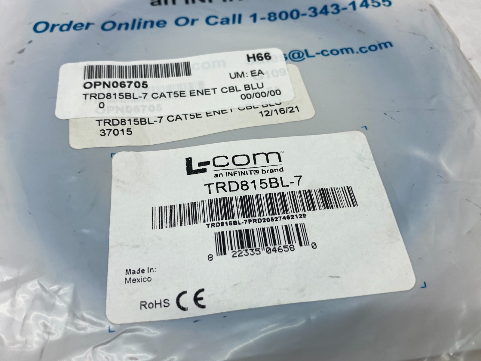 L-Com TRD815BL-7 Ethernet Patch Cable CAT5e 7.0ft