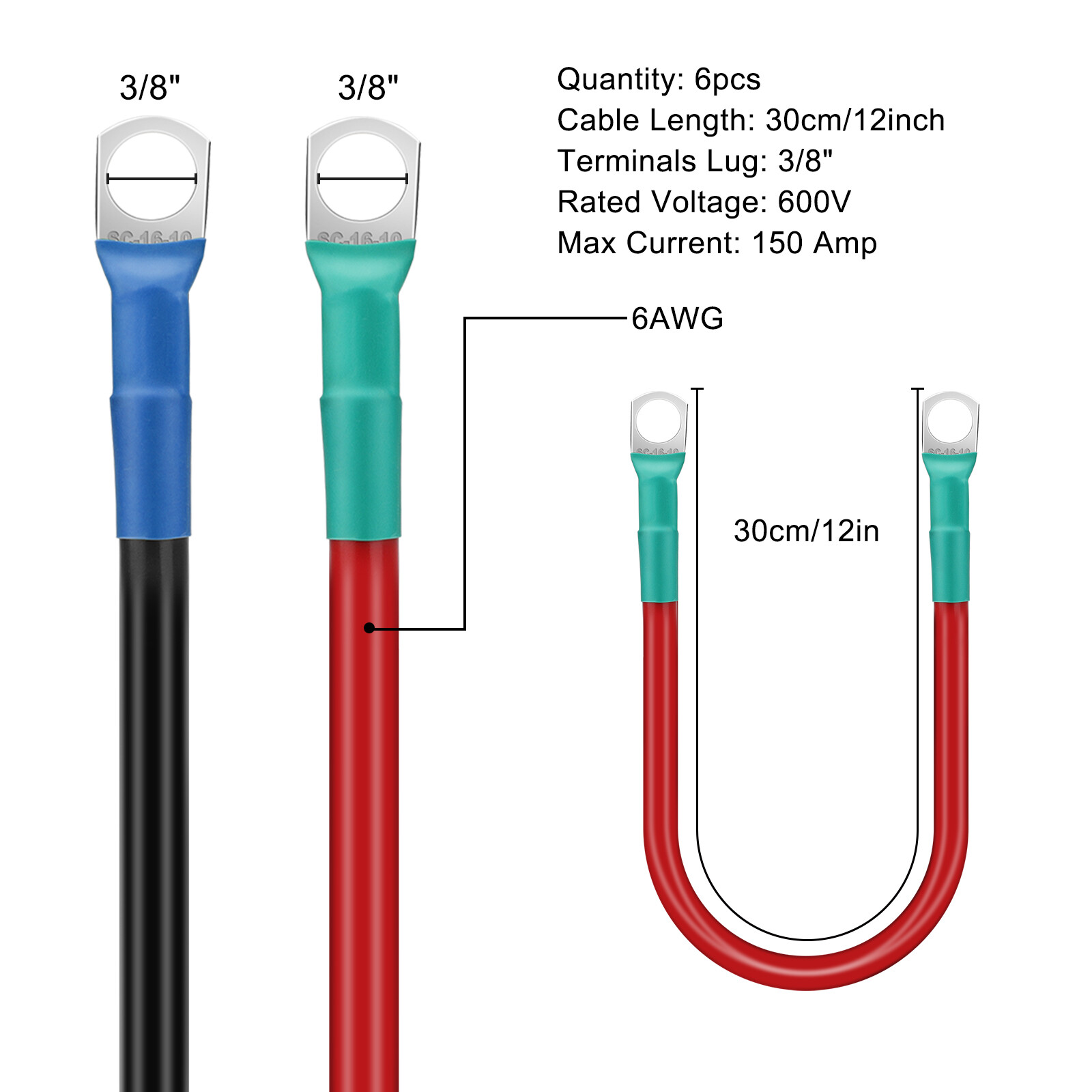 12V 6AWG Battery Cables, 6Pcs, 30cm/12in, 3/8″ Terminals for Solar Inverter