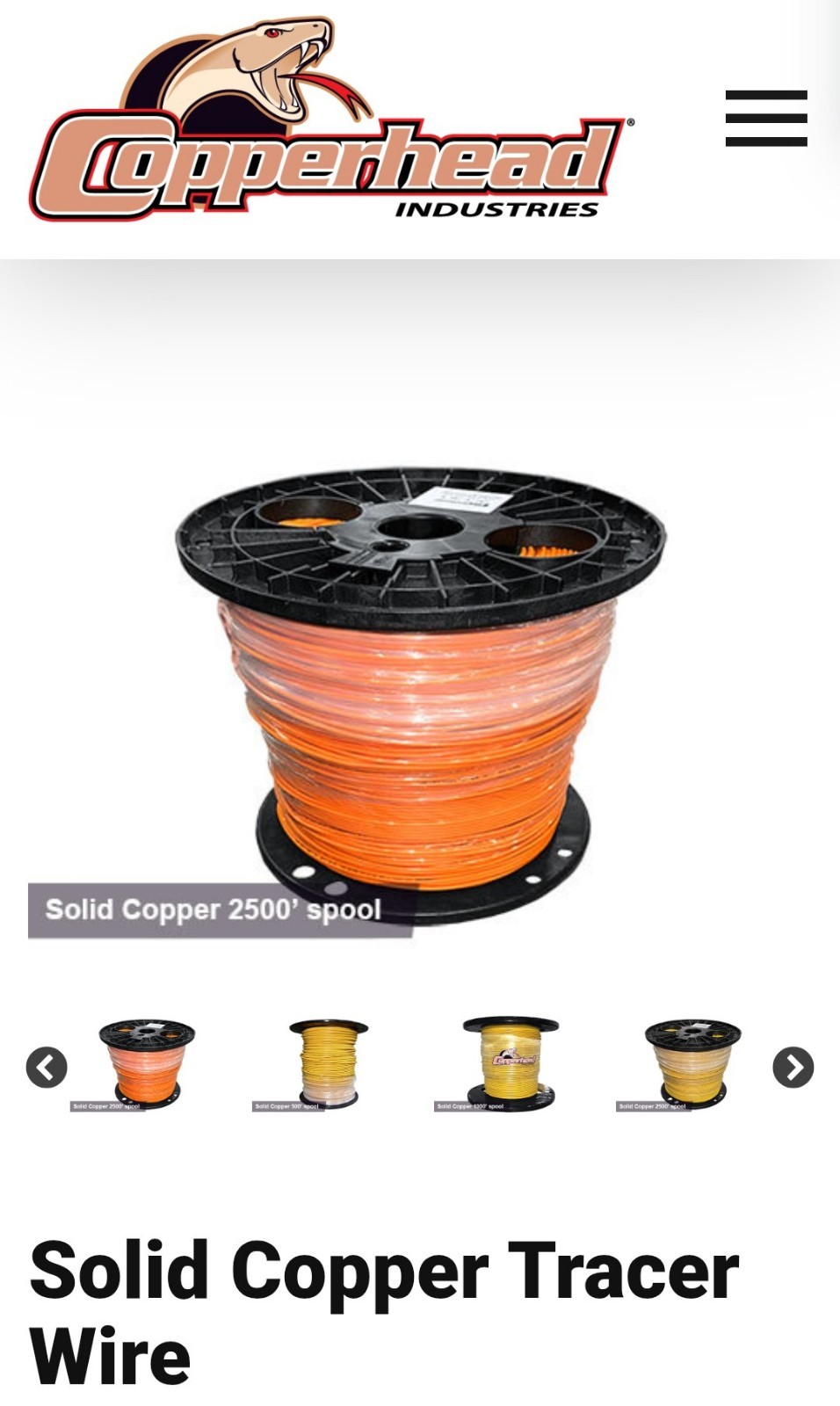 Industrial Grade Copperhead 14 AWG 30 Mil Orange Tracer Wire 2500ft Roll – New