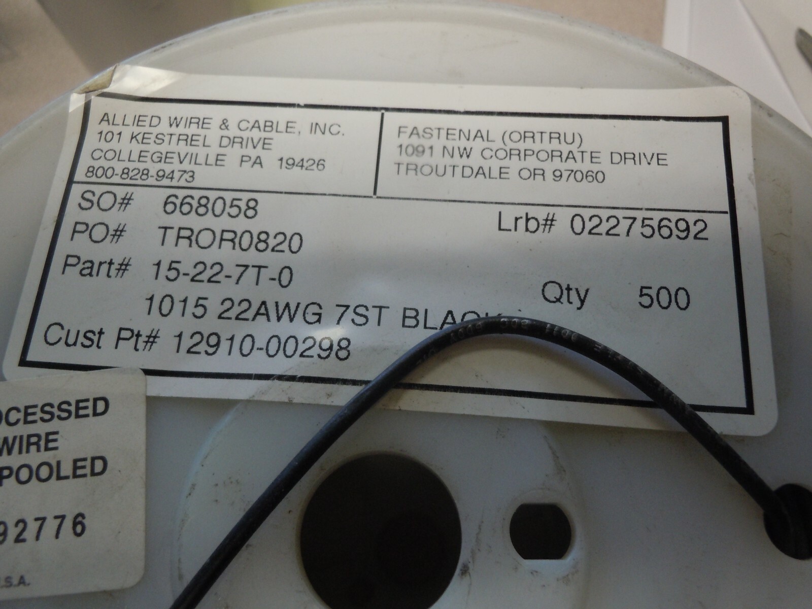 Black Hook-Up & Lead Wire PVC Wire UL 1015. 500′ 22AWG 7 ST