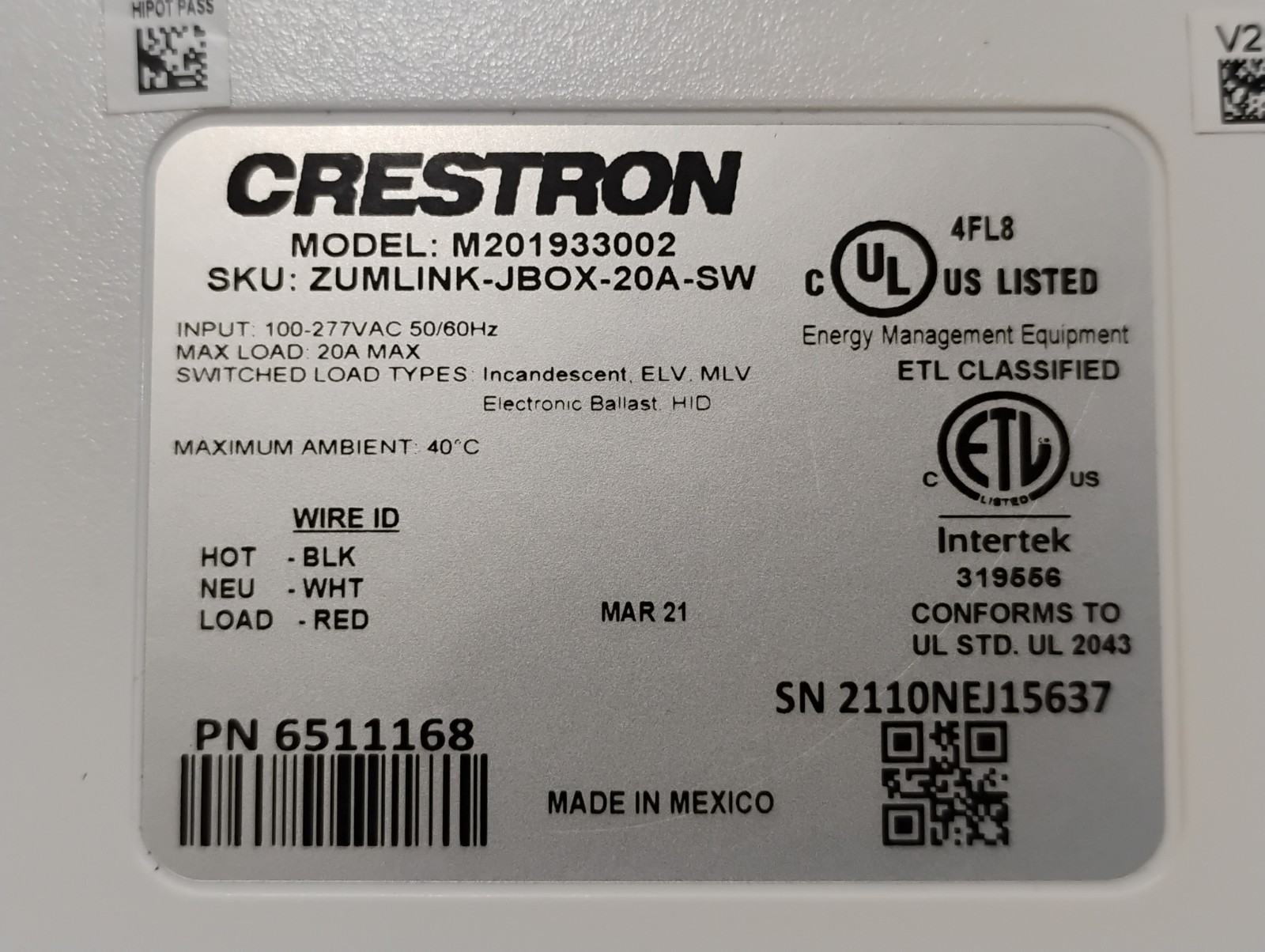 5pc Lot- Crestron Zumlink Jbox-20a-sw Load Controllers 20193002 FULLY FUNCTIONAL