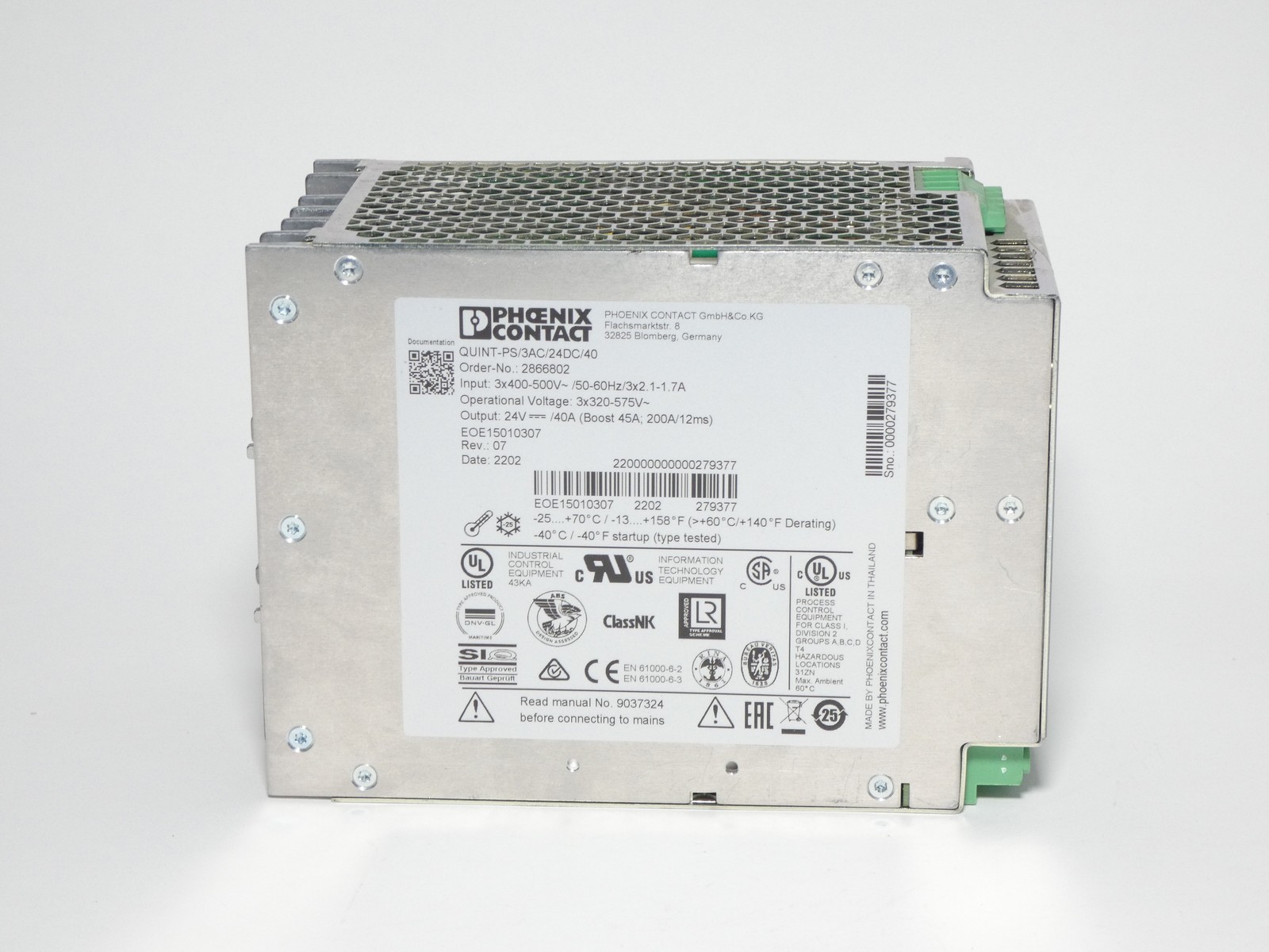 Phoenix Contact 2866802 QUINT-PS/3AC/24DC/40 DIN-Rail Mount Power Supply