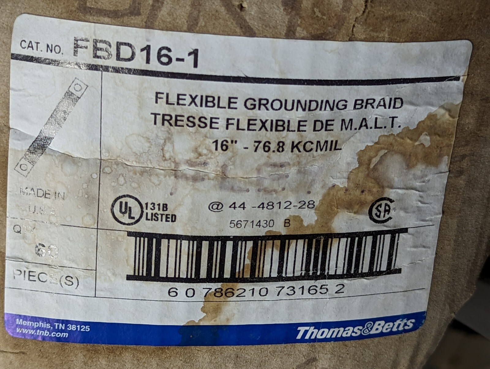 T&B Flexible Grounding Braid FBD16-1 Braided Grounding Strap 16″ Long x 1″ *NEW*