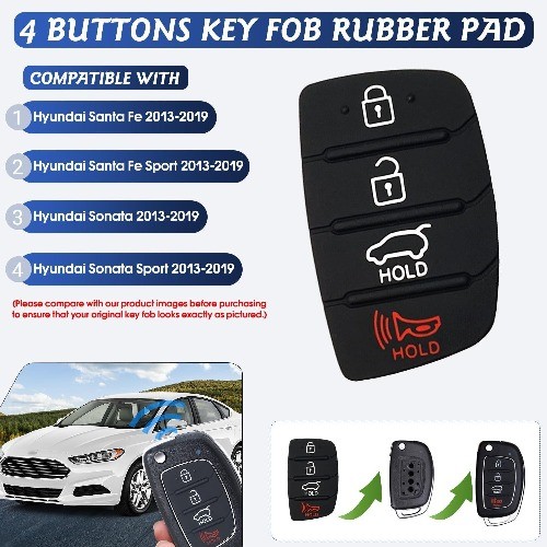 Replacement Key Fob Button Pad 4-Button Rubber Cover for 2013-2019 Santa Fe Sona