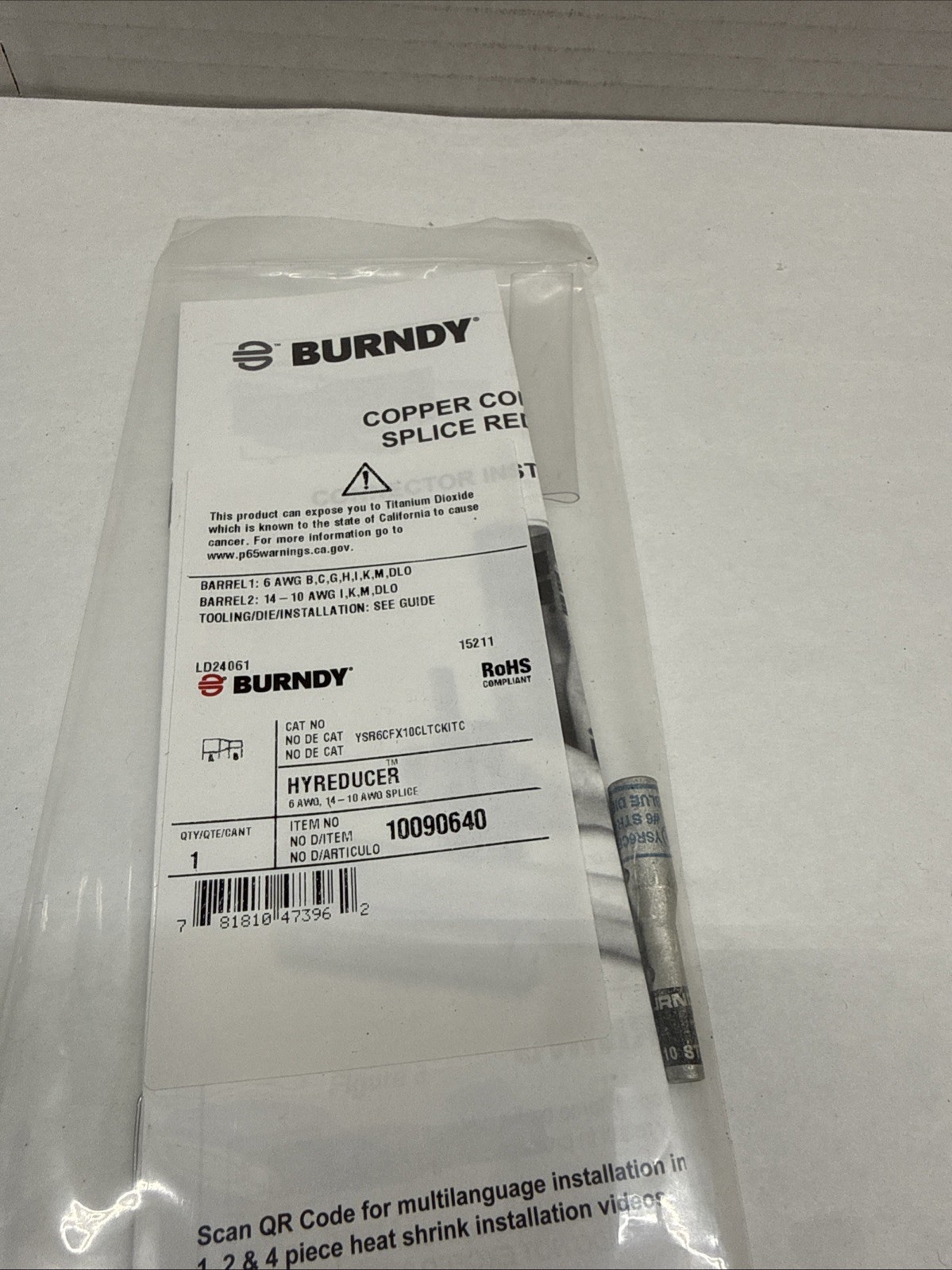 Burndy YSR6CFX10CLTCKITC, 6 to 10 AWG, Tin Plated Copper, Splice Reducer, 1pc