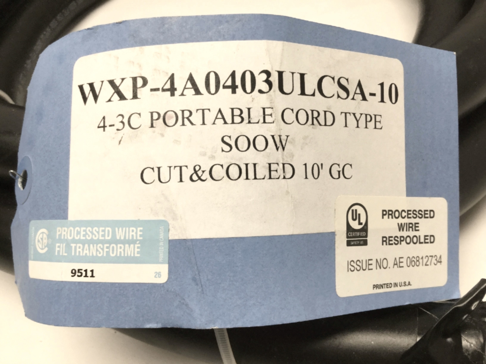 TF Cable Flextreme 4/3 Portable Service Cord SOOW 600V 4AWG x 3 Conductor, 10ft