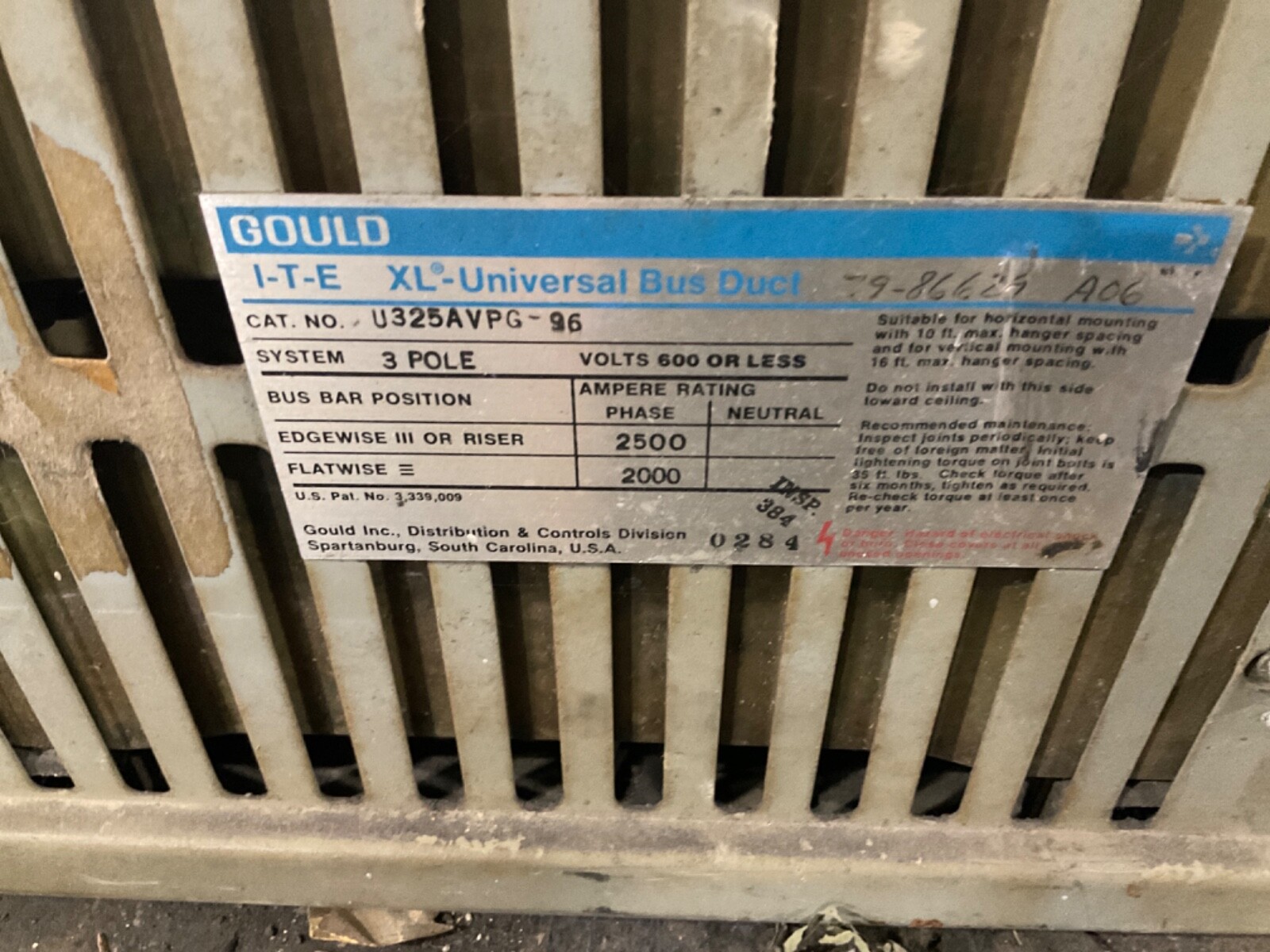 Gould I-T-E U325AVPG-96 XL Universal Bus Duct Busway 2000A 600V 8 Feet #25FK
