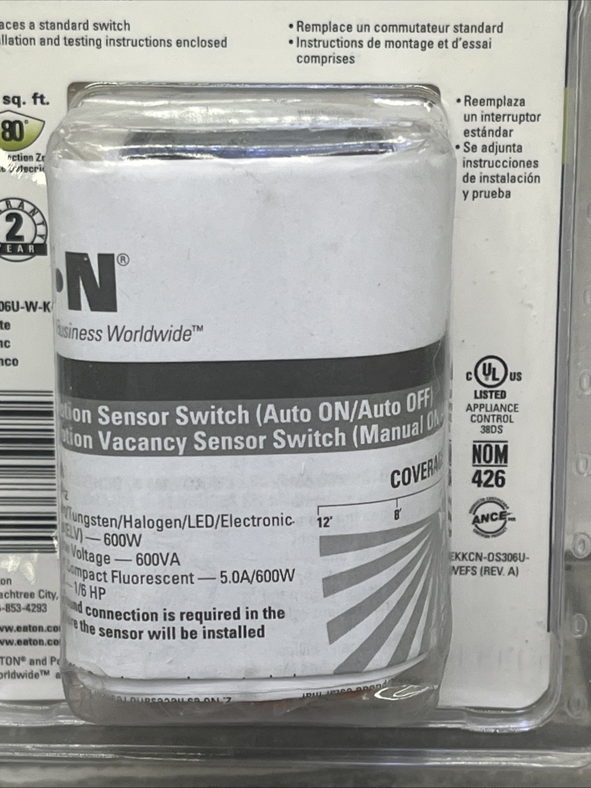 EATON Motion Sensor Auto On/Off, Single Pole & 3 Way, White, OS306U. {25}.