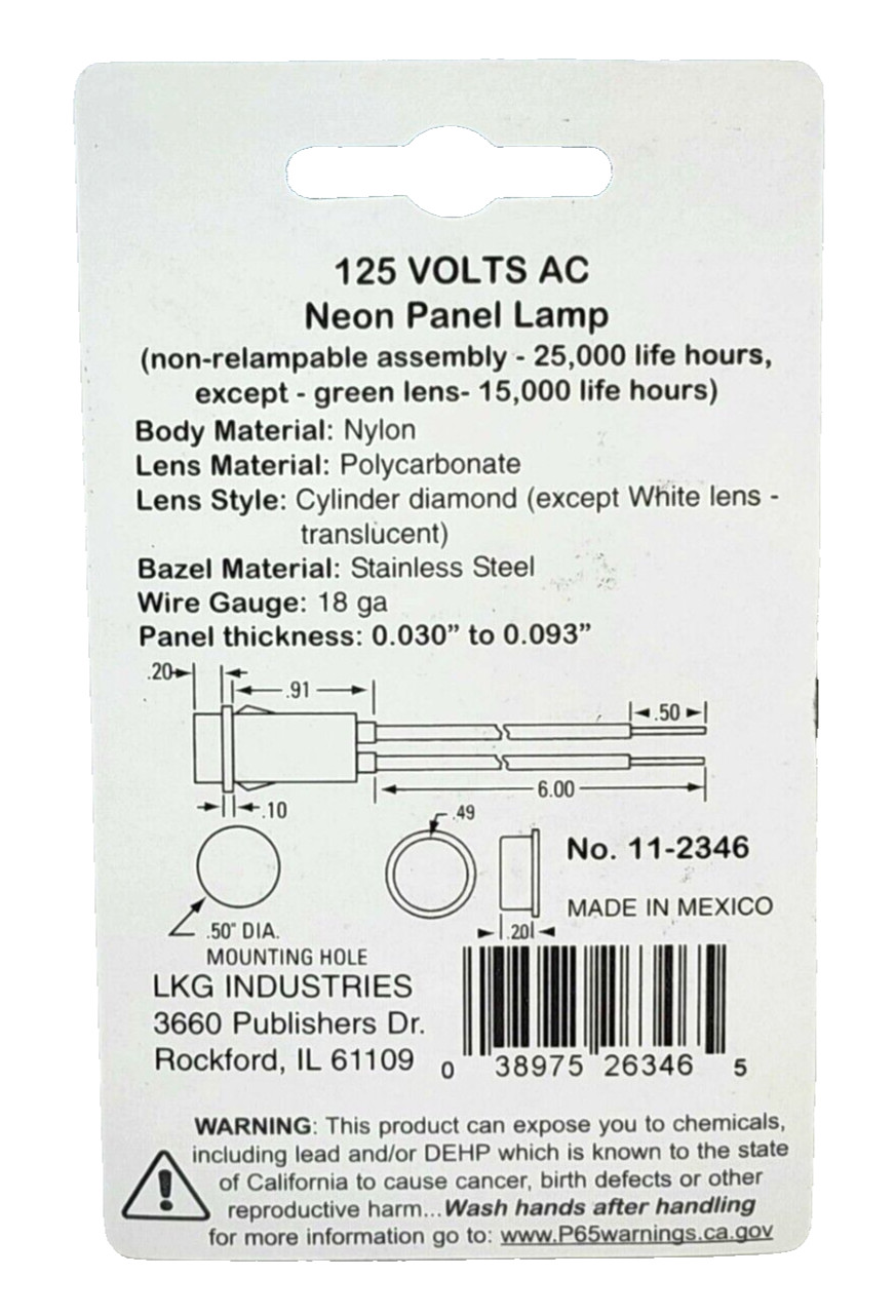 (1x) 120V / 125VAC – 1/2″ Red Neon Panel Mount Indicator – 11-2346 – Drake L4B