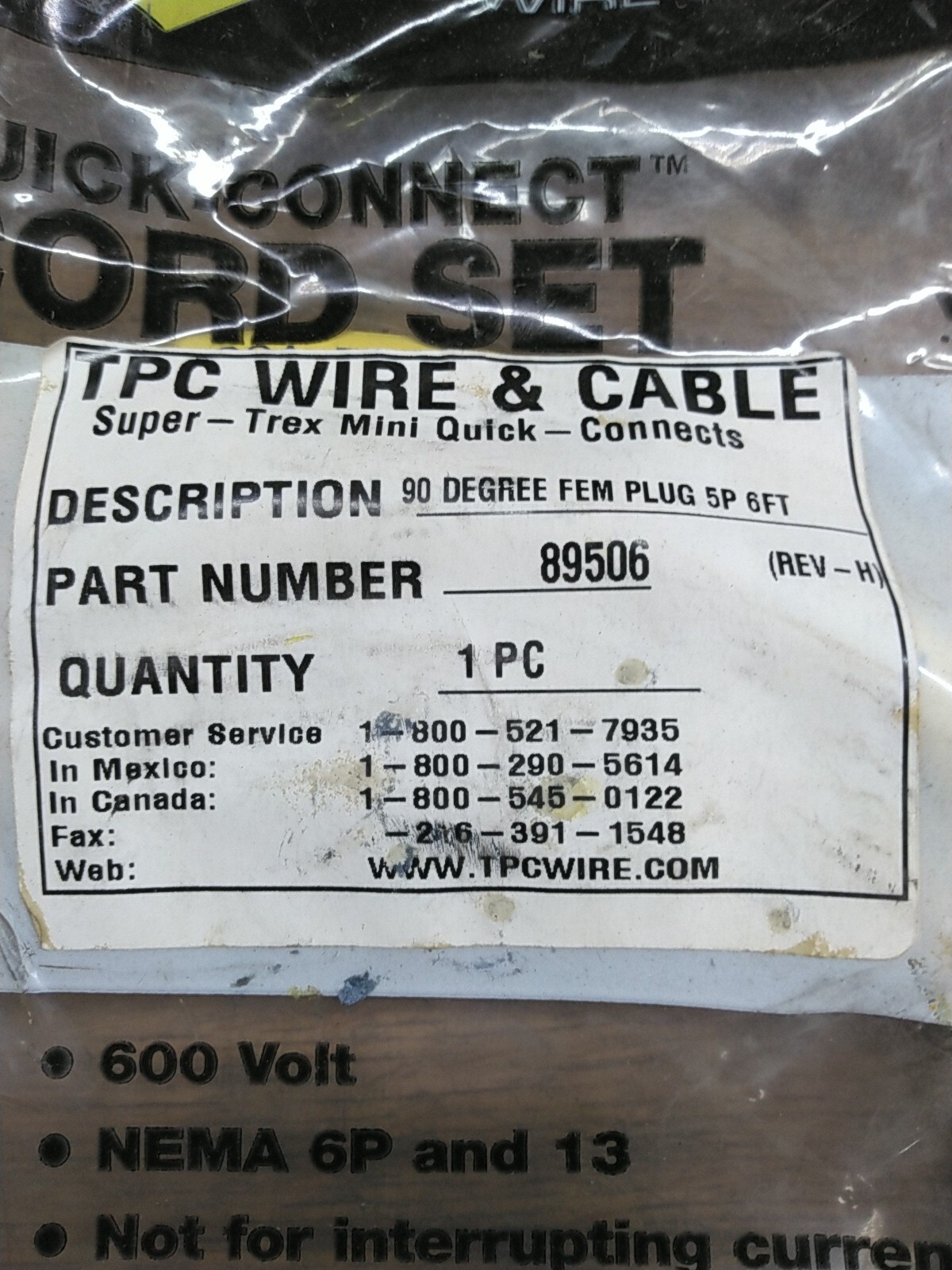 TPC 89506 Cordset 5-Pin 90° Elbow Female Plug 6′ Cable
