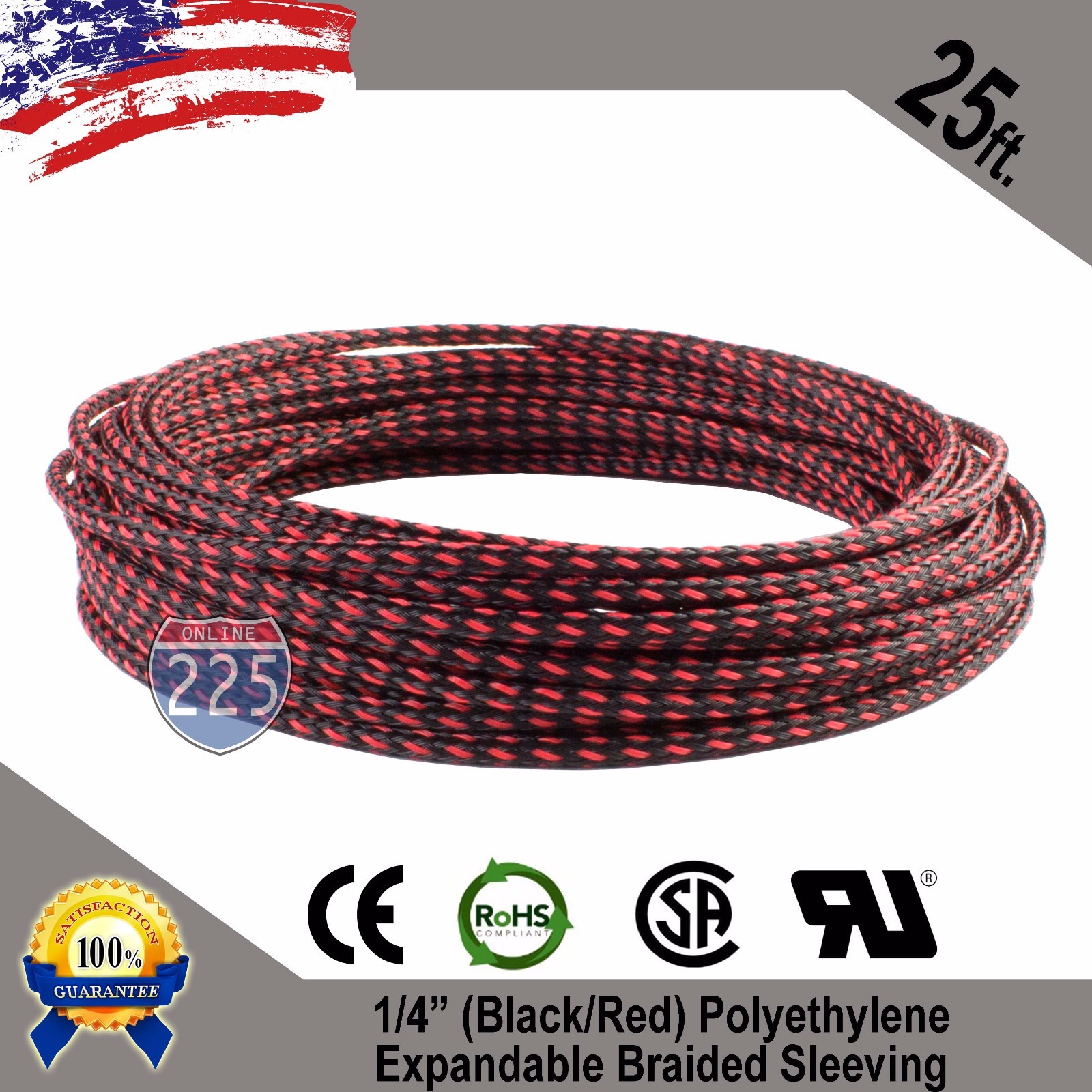 25 FT 1/4″ Black Red Expandable Wire Sleeving Sheathing Braided Loom Tubing US
