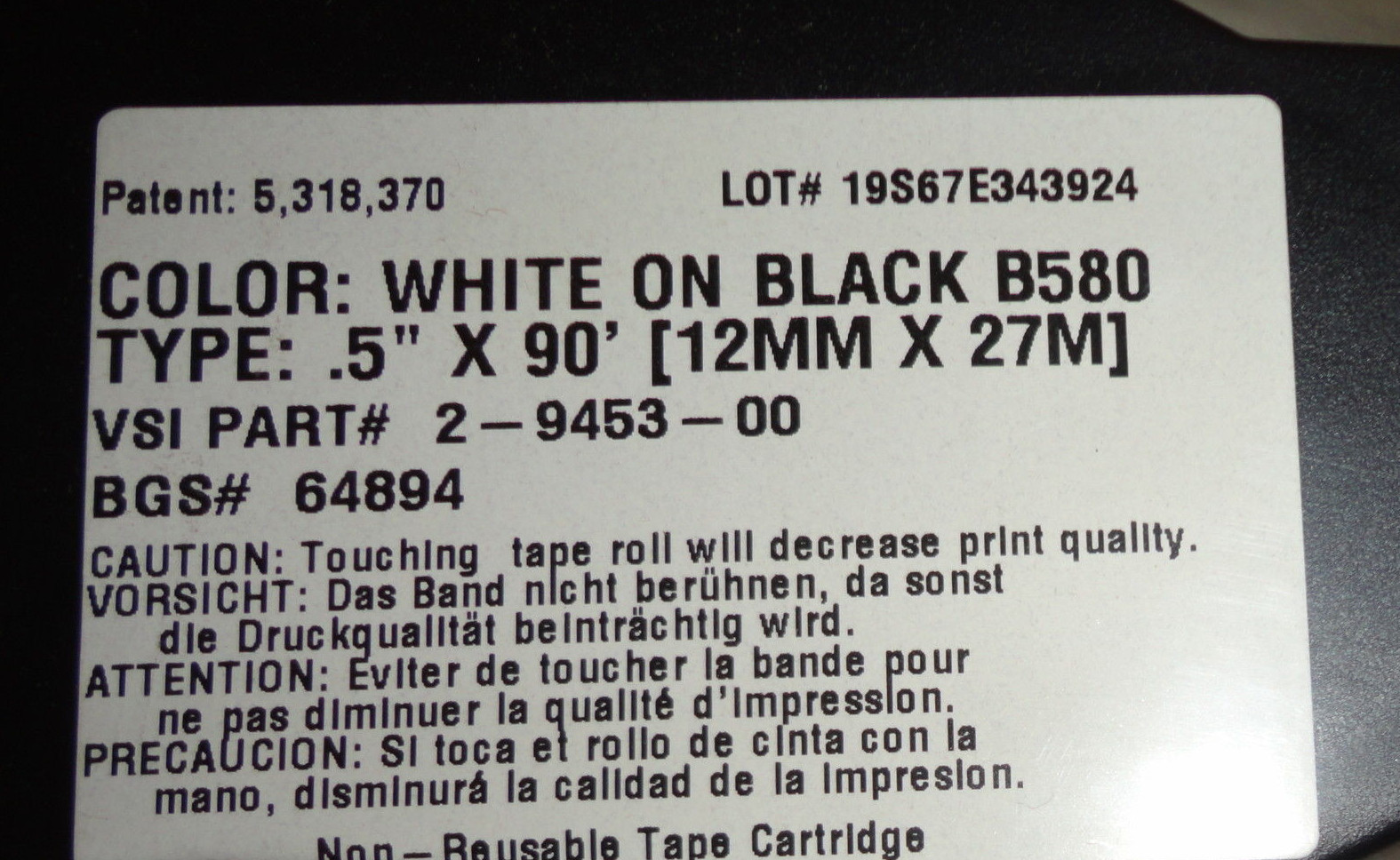Lot of 2 Brady 64894 Indoor Outdoor Vinyl Tape B-580 White on Black 1/2″ NEW