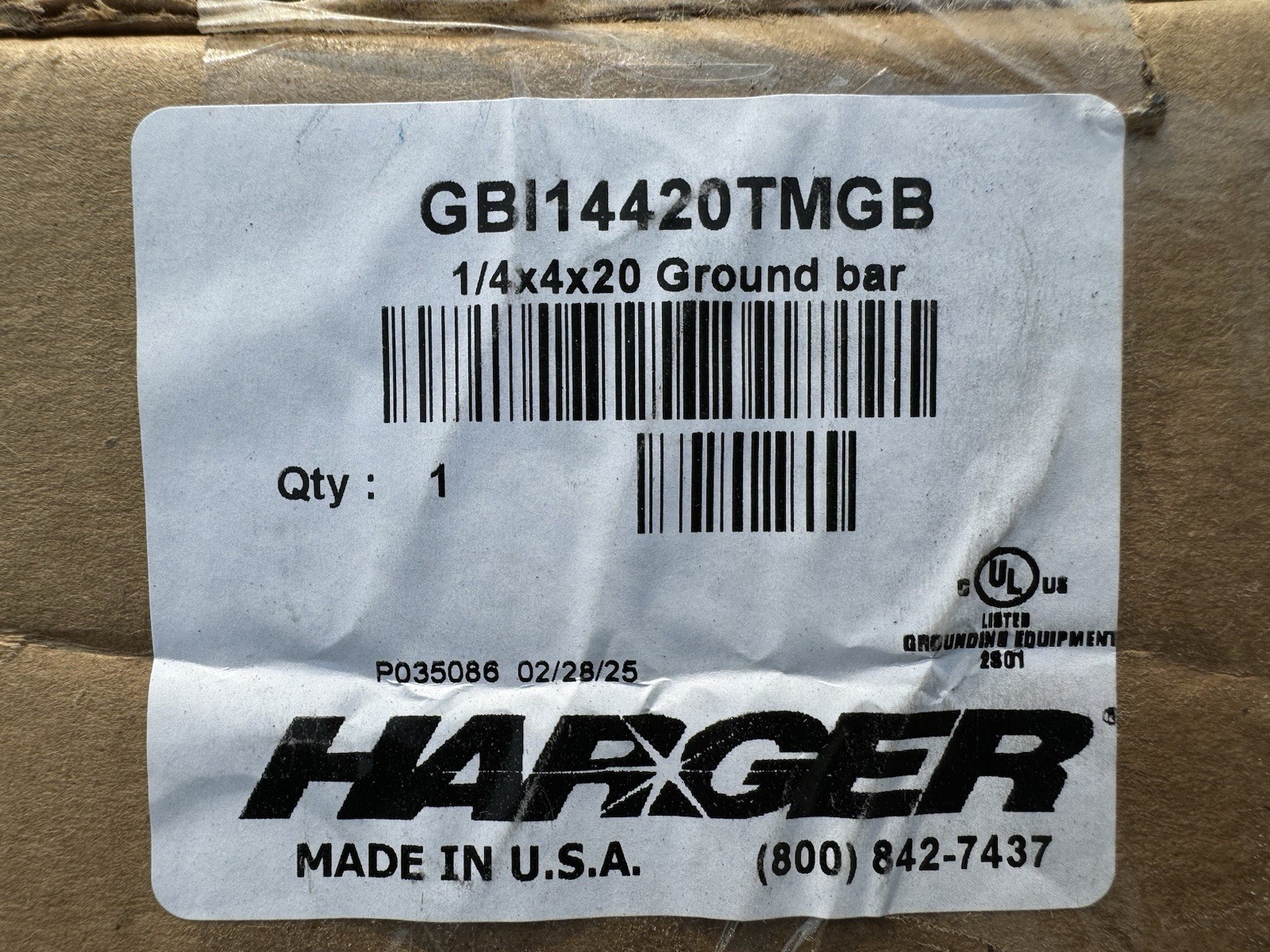 GBI14420TMGB HARGER 1/4X4X20 Copper Ground Bar New
