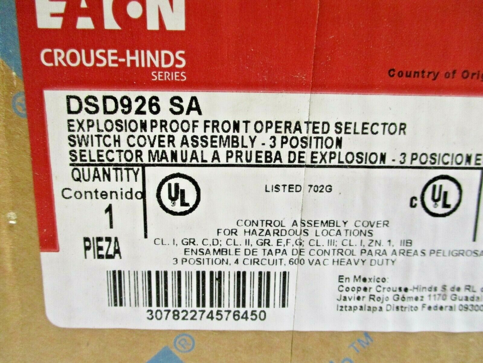 EATON, CROUSE-HINDS, DSD926 SA, FRONT OPERATED SELECTOR SWITCH COVER ASSEMBLY