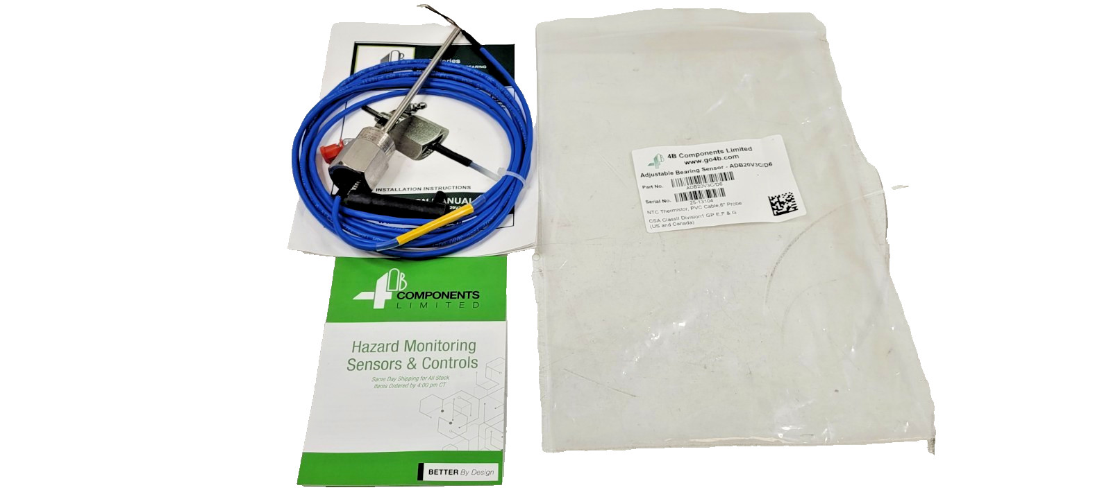4B Components Adjustable Bearing Sensor ADB20V3C/D6, 6″ Probe NTC Thermistor NEW