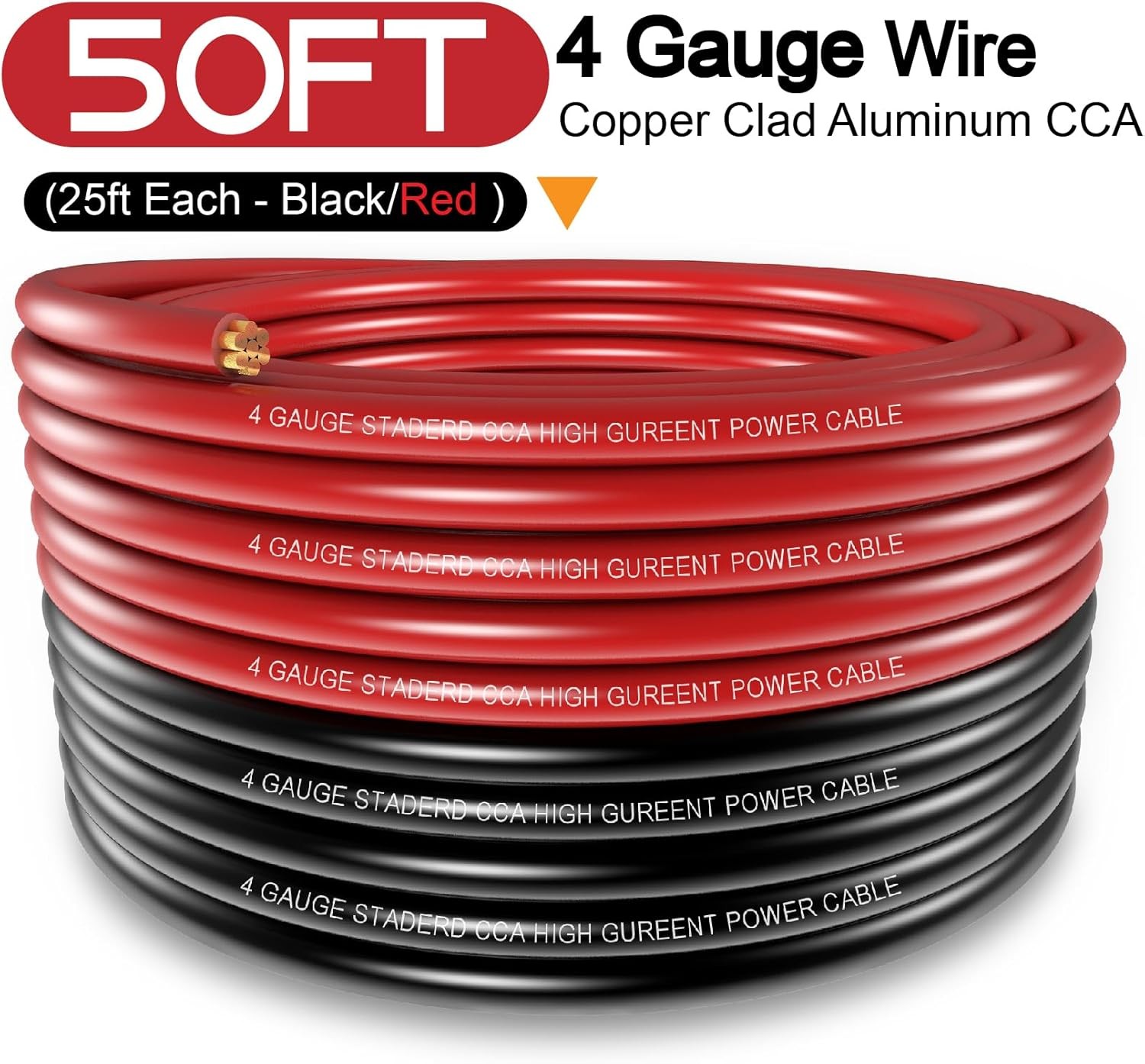 4 Gauge Wire (25ft Each- Black/Red) Copper Clad 50FT Wire, Black, Red