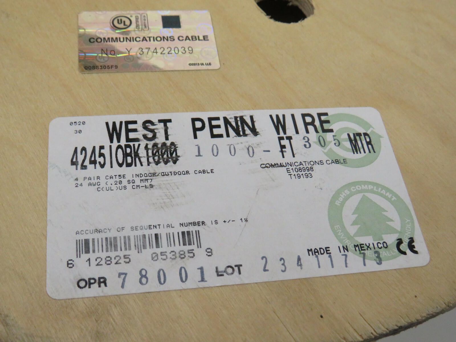 (110ft) West Penn 4245 IOBK 4Pair 24AWG UTP Category 5E CMR Indoor/Outdoor CAT5e