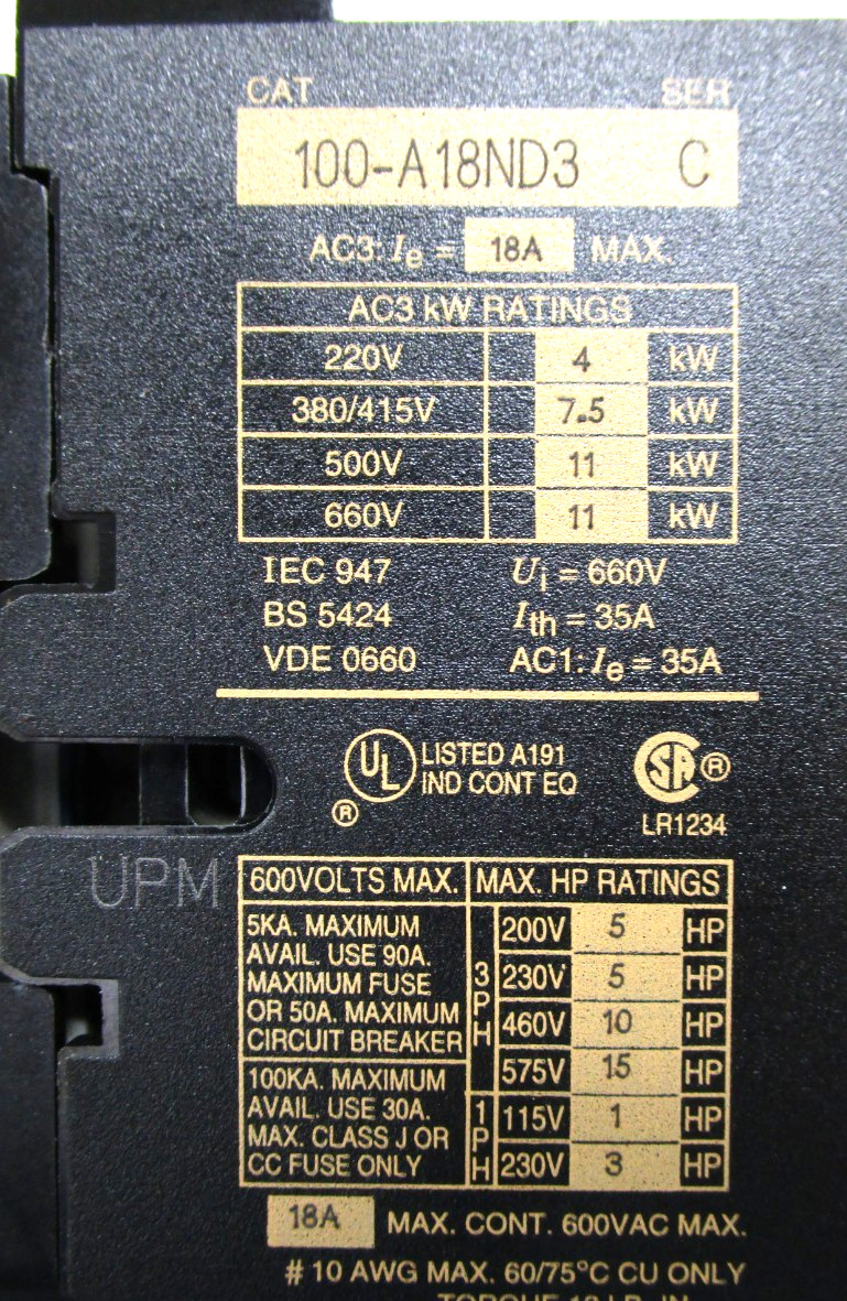 Allen-Bradley 100-A18ND3 Contactor with 193-BSC15 Overload Relay