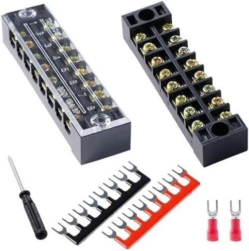 Terminal Block 2 Sets 8 Position Dual Row 600V 15A Screw Terminal Strip Cover