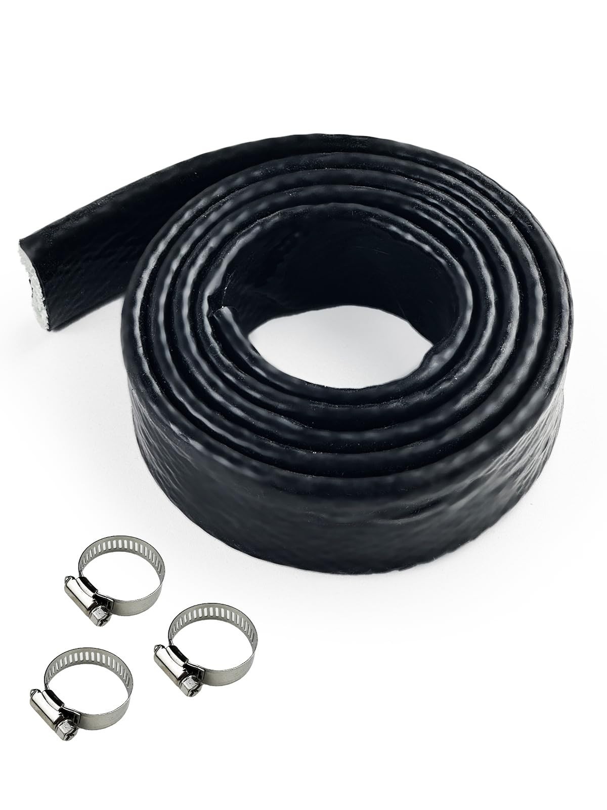 1.5″ ID Heat Shielded Fire Sleeve – Silicone Coated Fiberglass, 5FT, 3 Clamps –