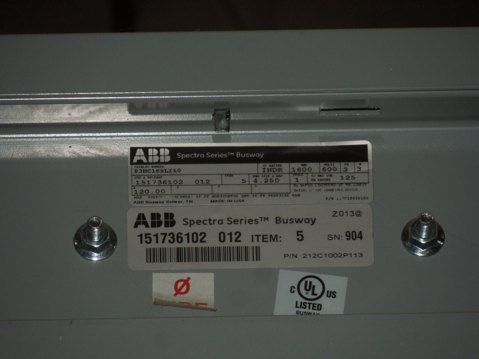 GE ABB Spectra Series P3HC16SLI10 1600A 3PH 3W 600V 10′ Plug In Copper 4.25 Bar