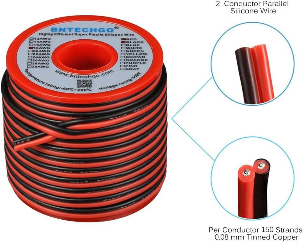 BNTECHGO 18 Gauge Flexible 2 Conductor Parallel Silicone Wire Spool Red Black Hi