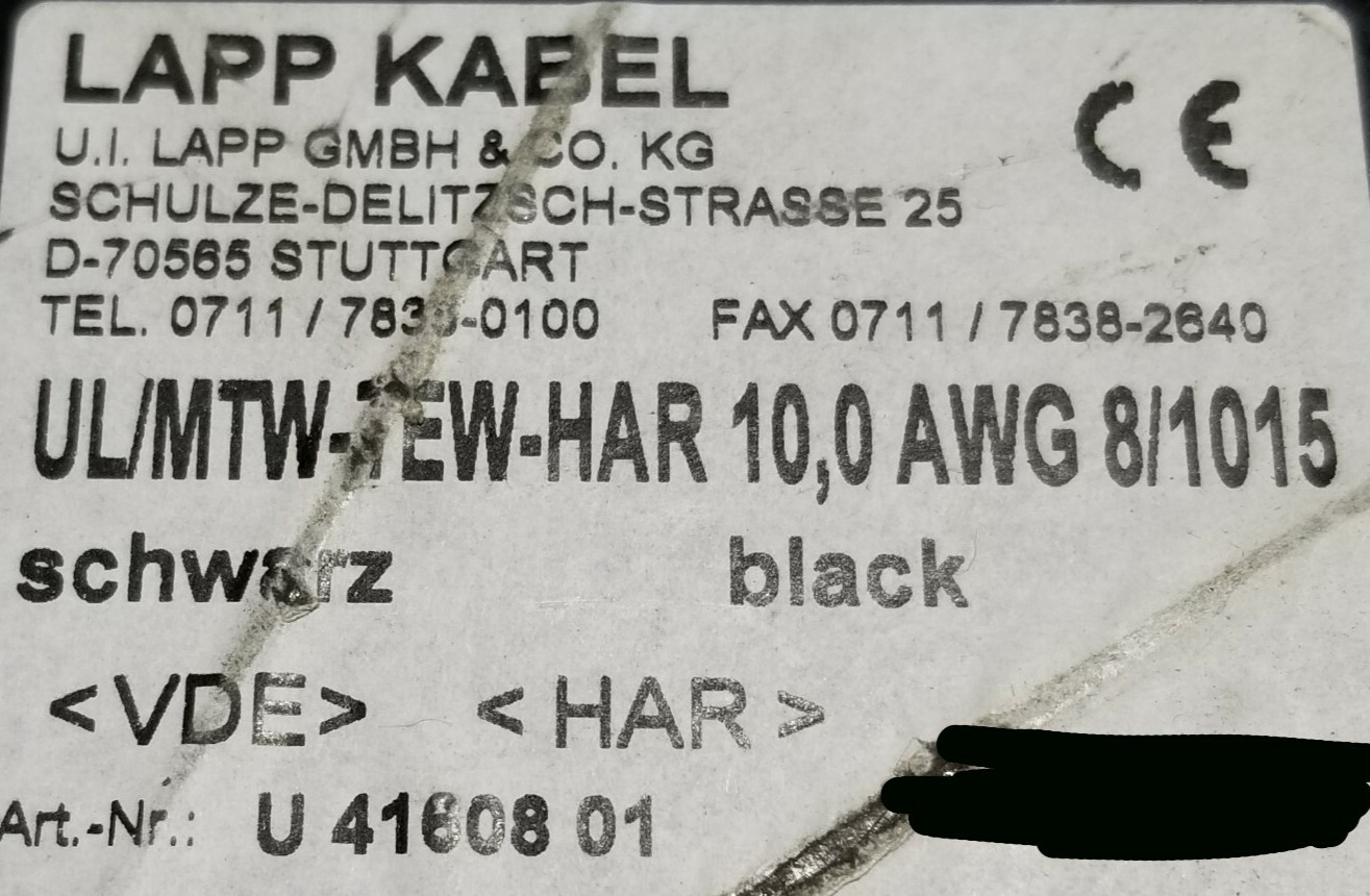 Lapp Kabel 4160801 #8awg HAR H07V-K MTW Tinned Copper Hook Up/Lead Wire Black