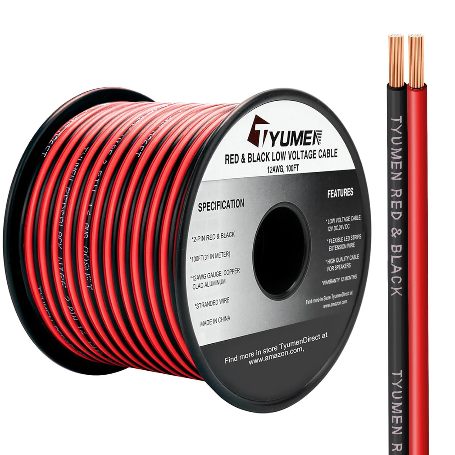 100FT 12/2 Gauge 2Pin 2 Color Red Black Cable Hookup Electrical Wire LED Strips