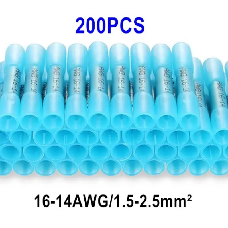 200PC 16-14AWG Heat Shrink Butt Wire Splice Crimp Terminal Blue Connectors