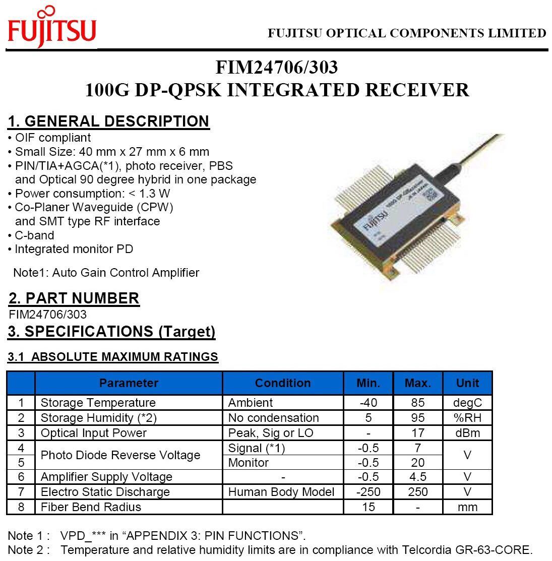 100Gbs Fujitsu Coherent Receiver DP-QPSK 5V C Band 1527-1567nm FIM24706