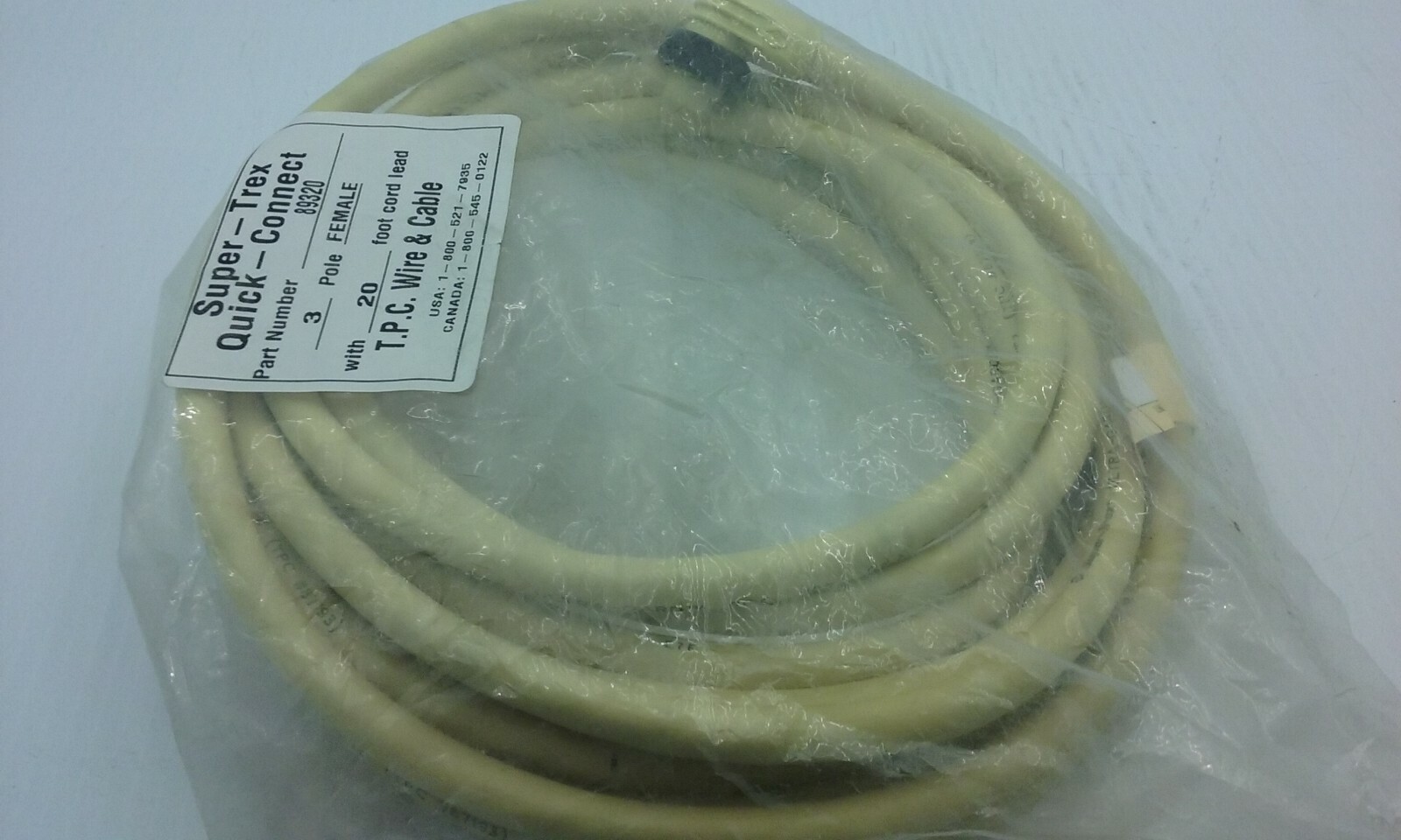 TPC WIRE & CABLE SUPER-TREX 89320 QUICK CONNECT CORDSET 3 POLE 20′ FEMALE NIB