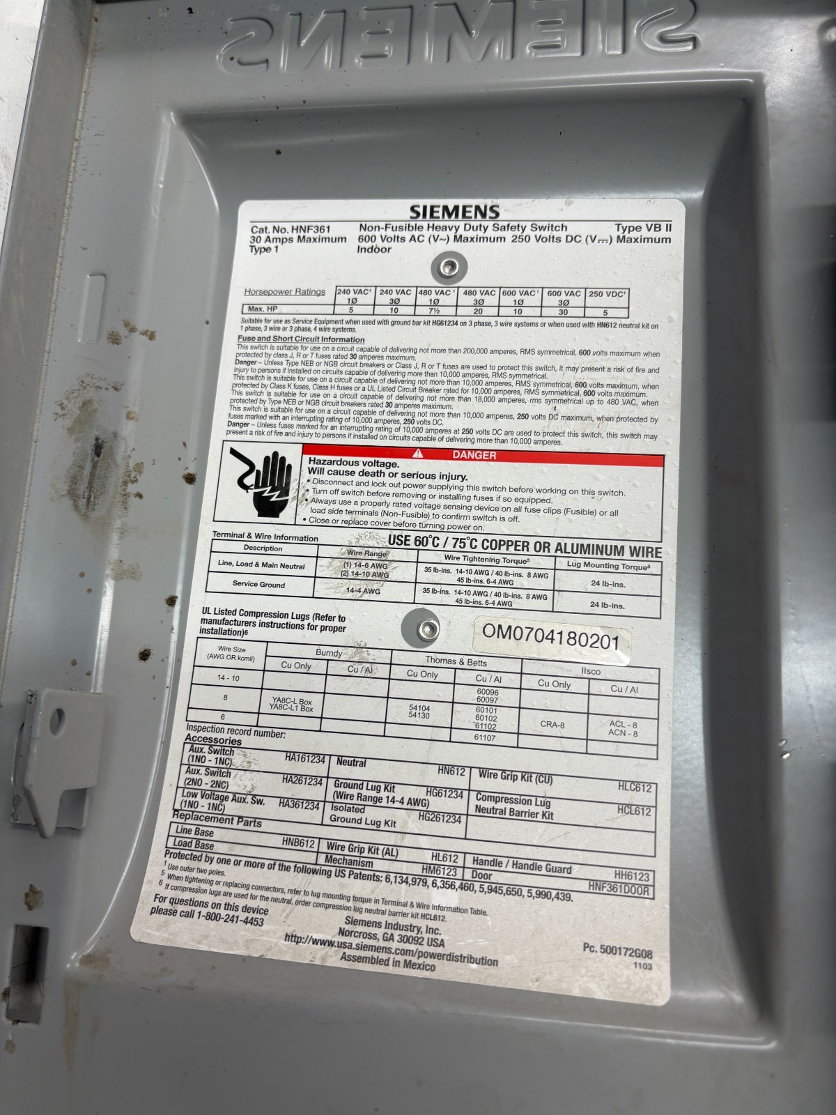 Siemens HNF361 30 Amp Non Fused Heavy Duty Safety Switch 600 VAC 250 VDC