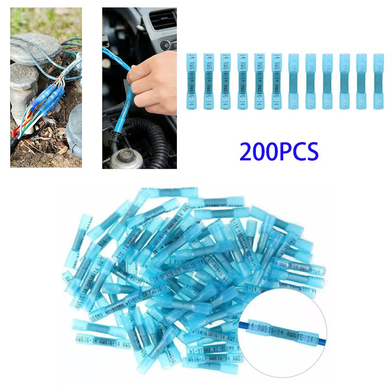200PC 16-14AWG Heat Shrink Butt Wire Splice Crimp Terminal Blue Connectors