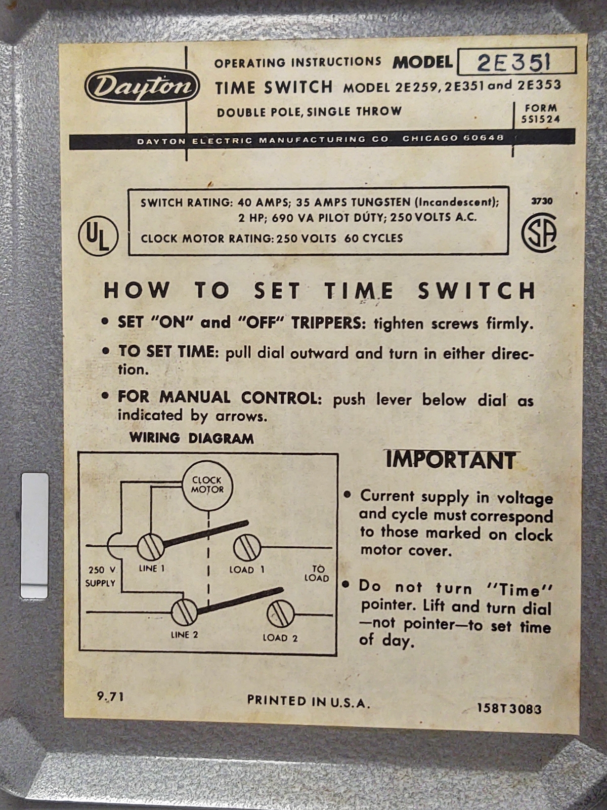Dayton 2E351 Time Switch