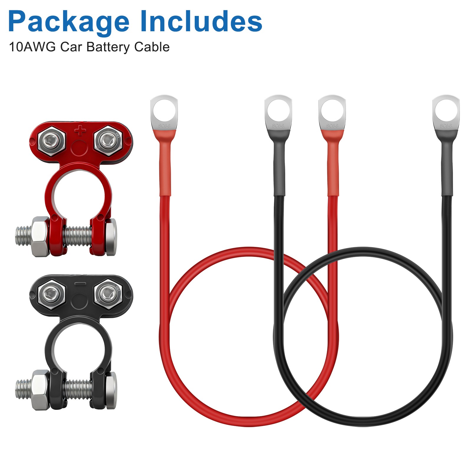 10AWG 100cm Connectors for Battery Terminals w/ 3/8″ Lugs Car Inverter Golf Cart