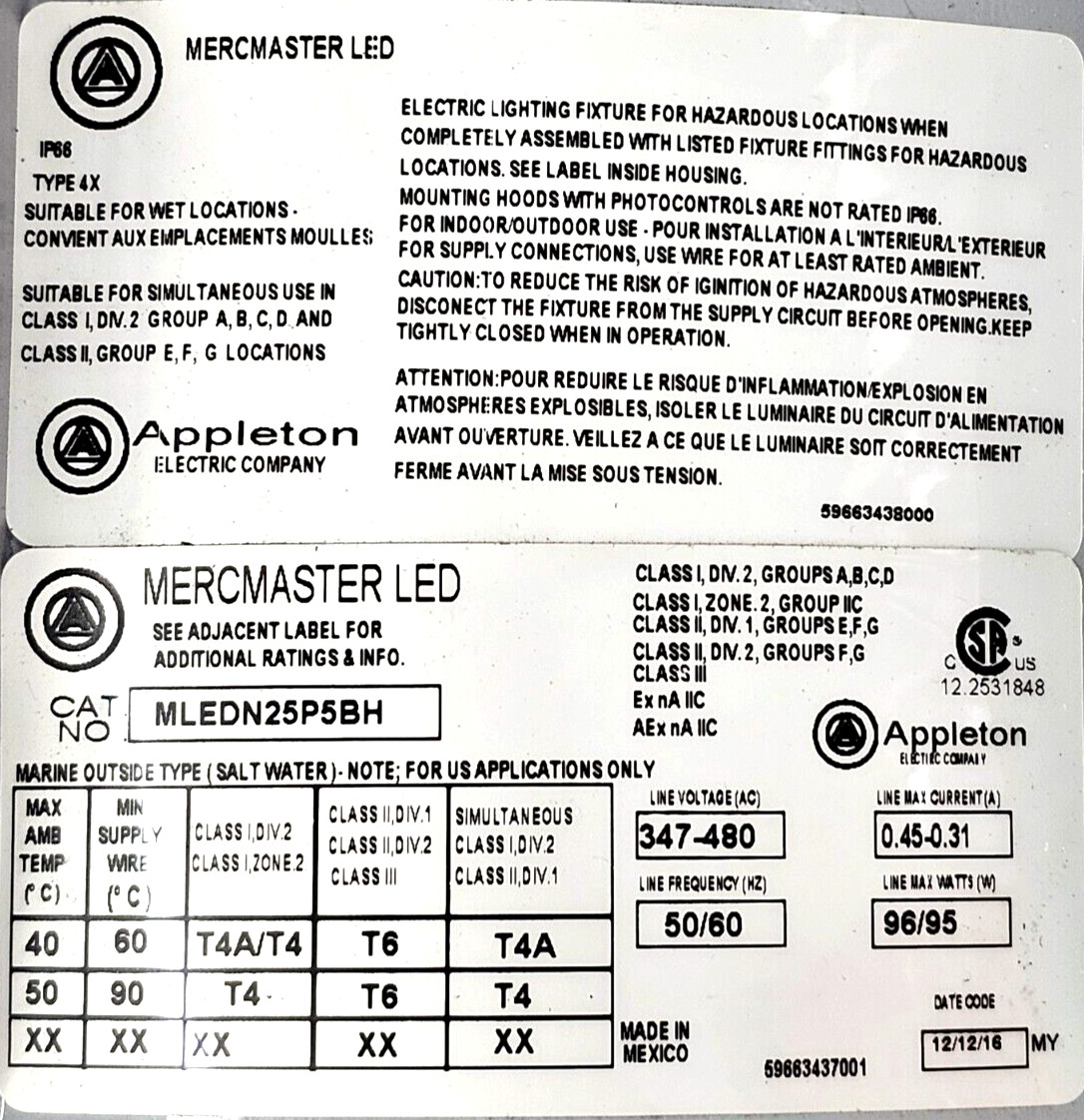 New! Appleton Mercmaster Enclosed And Gasketed Luminaire Lamp MLEDN25P5BH