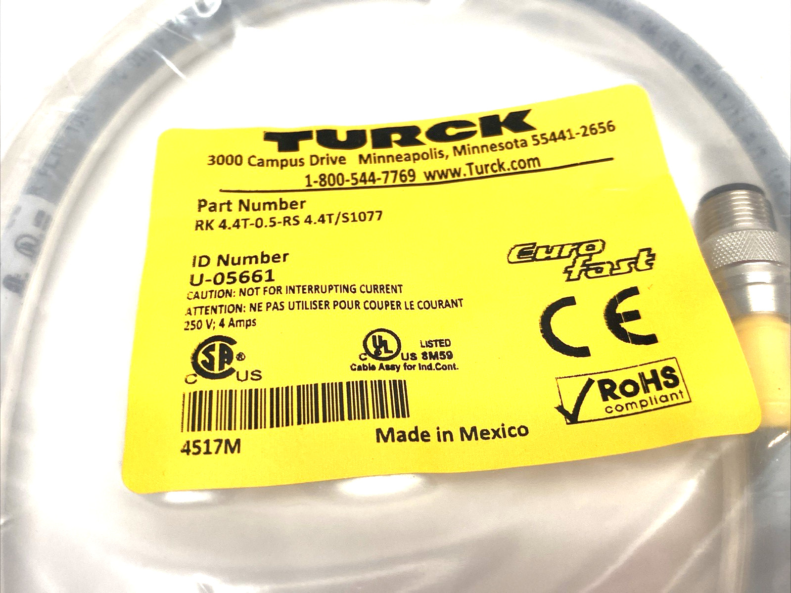 Turck RK 4.4T-0.5-RS 4.4T/S1077 Eurofast Double Ended Cable M12 Straight U-05661