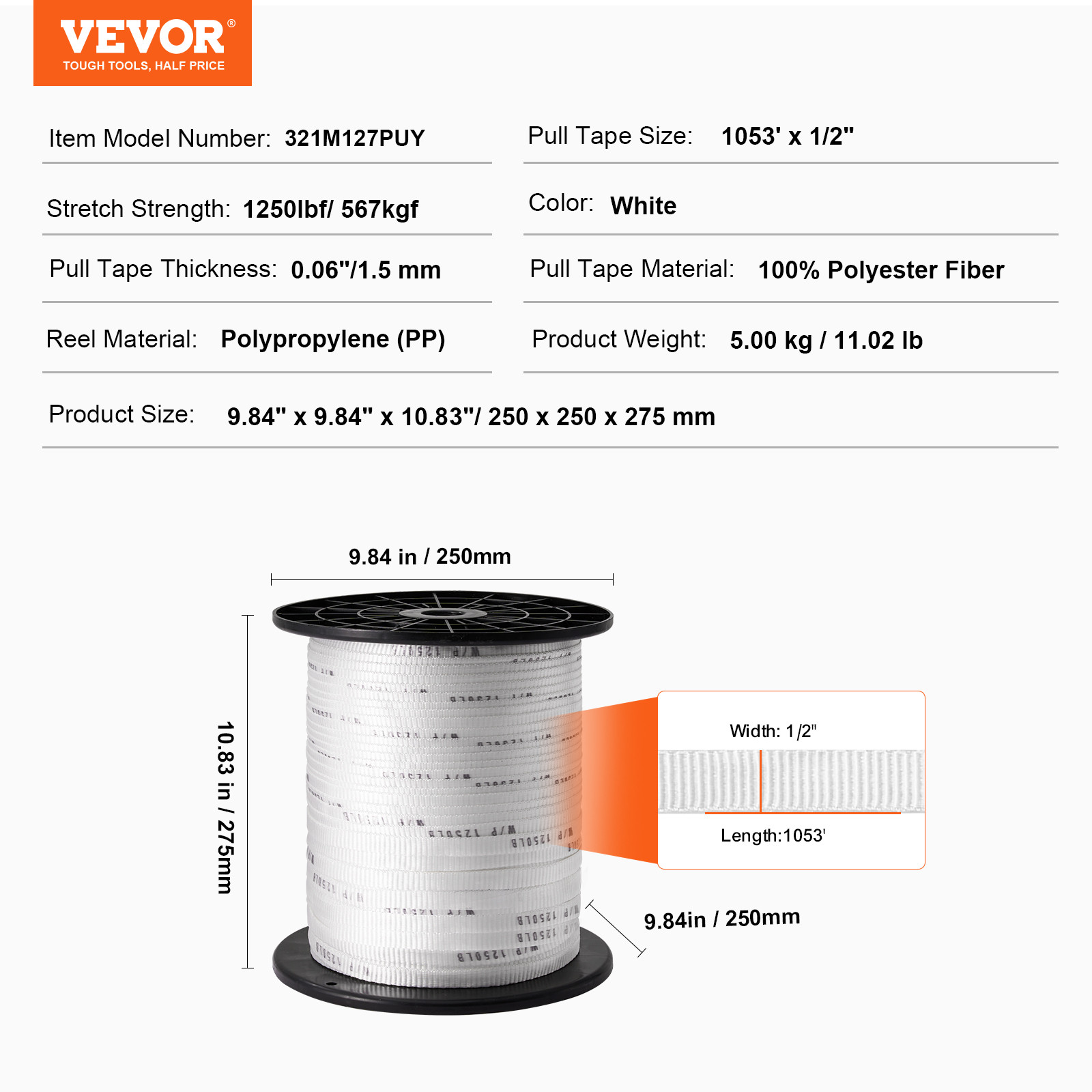 VEVOR Polyester Pulling Tape Mule Tape 1/2″ x 1053′ 1250 lbf Tensile Capacity