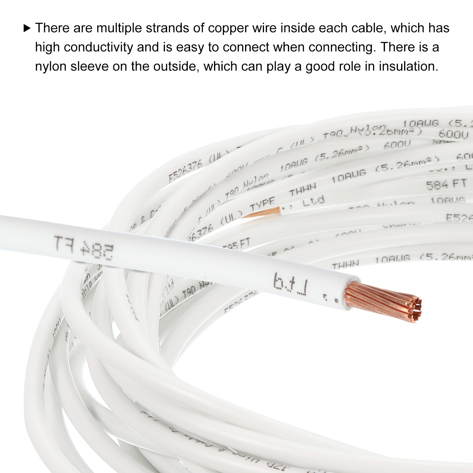 24.6 Feet 12 AWG Gauge THHN Stranded White Copper Building Wire 600V