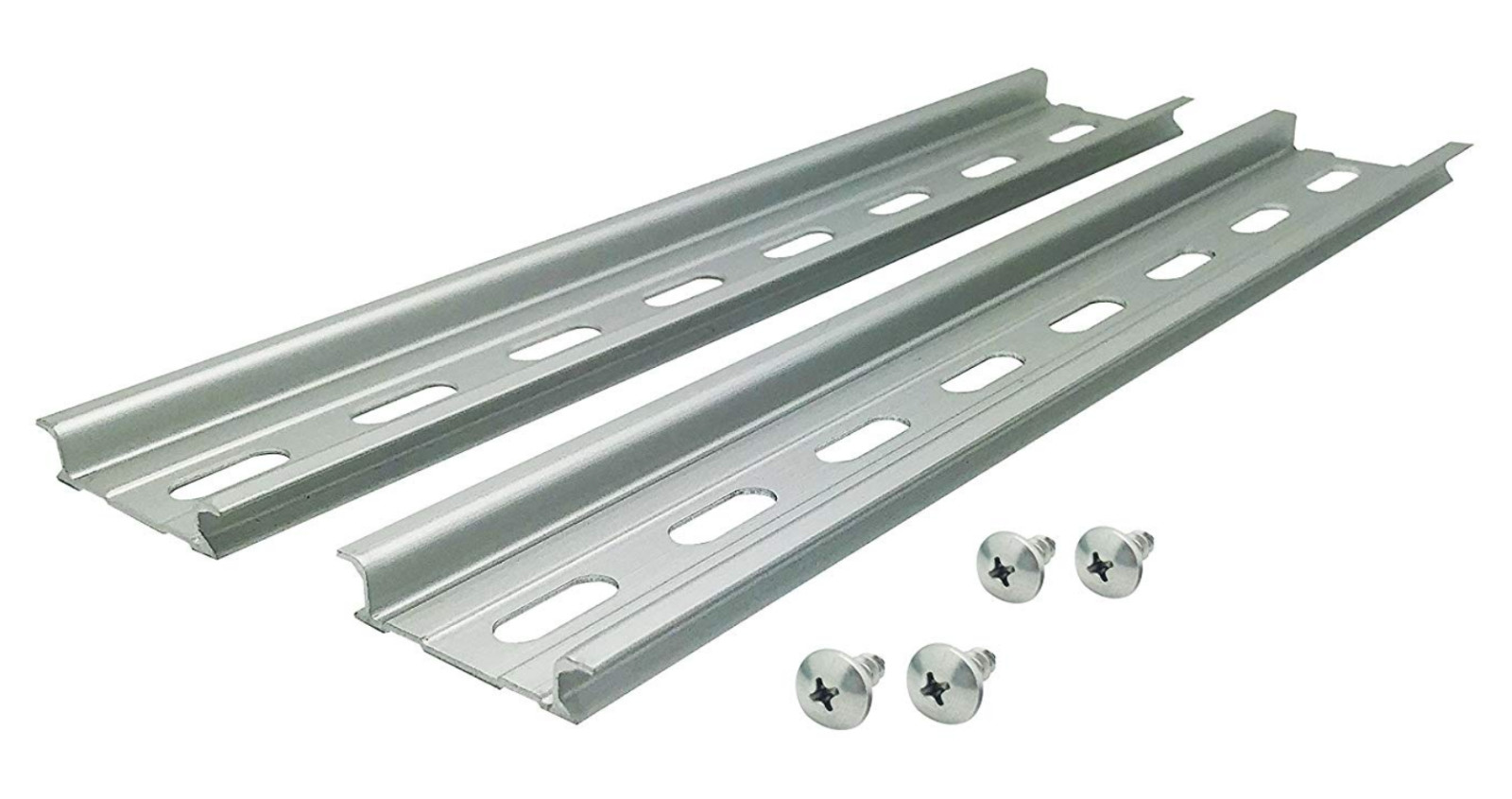 Slotted Aluminum DIN Rail, 35mm x 8”, Silver – 2 Pieces + 4 #10 S.S Screws