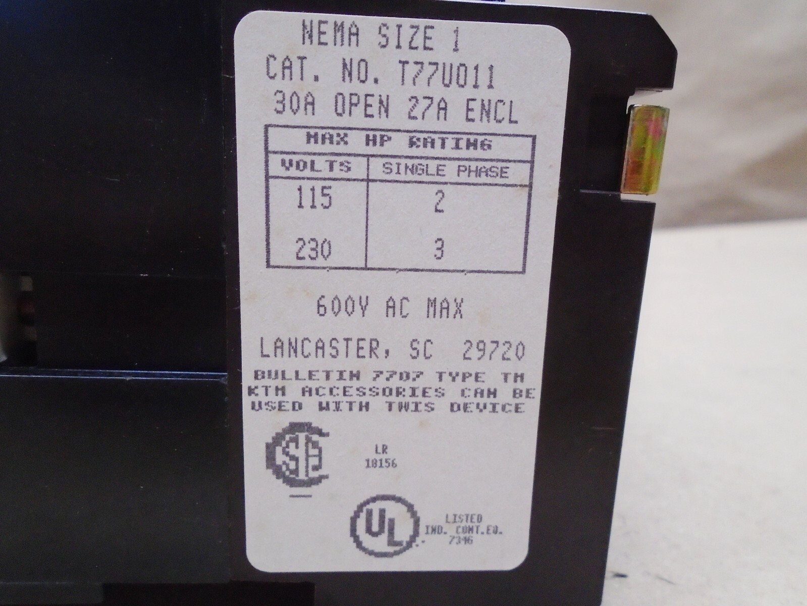 NEW Joslyn Clark T77U011-76 AC Magnetic Contactor Starter Size 1 30 Amp 1 Pole