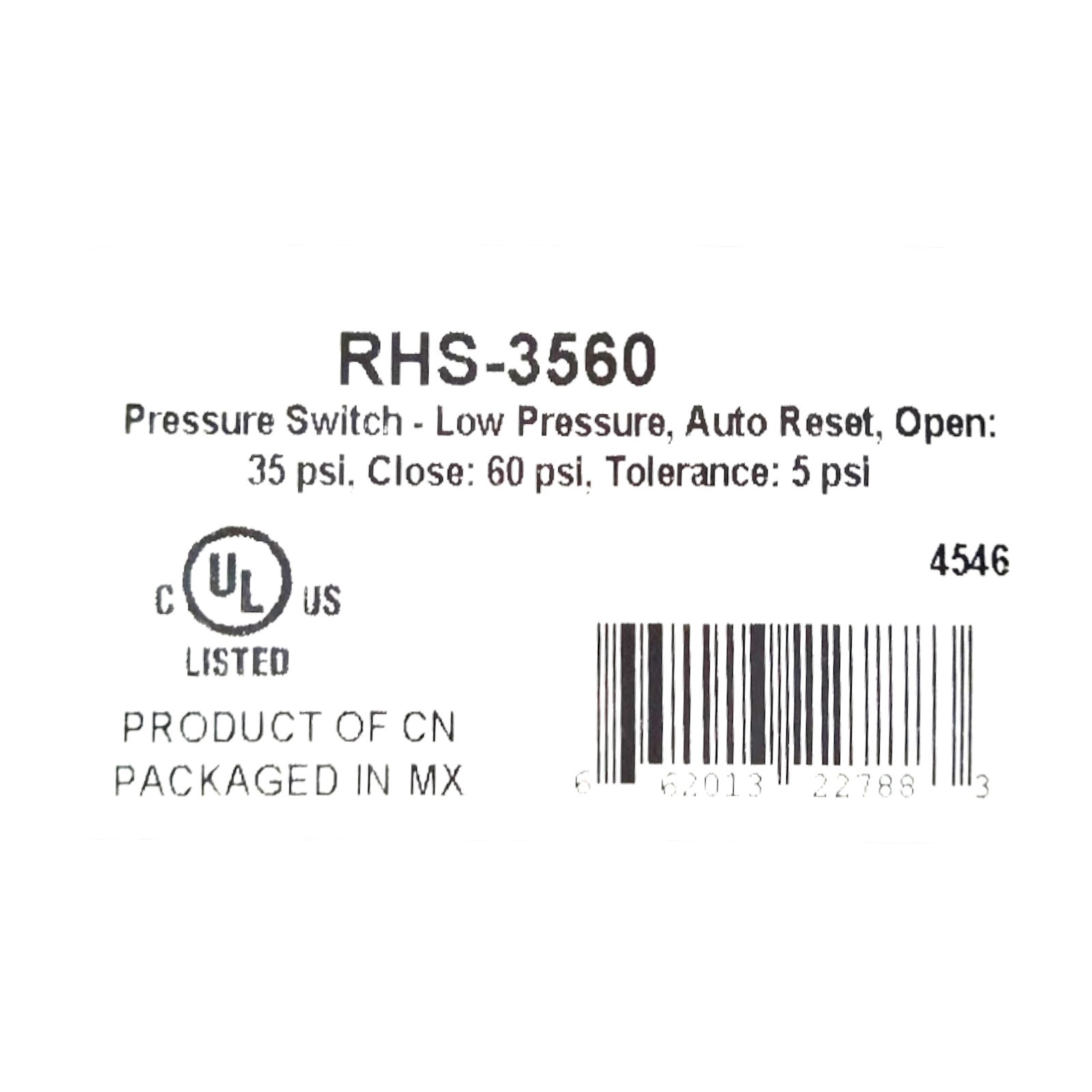 Ranco RHS-3560 Low Pressure Switch Open 35 Close 60 PSI HVAC Refrigeration