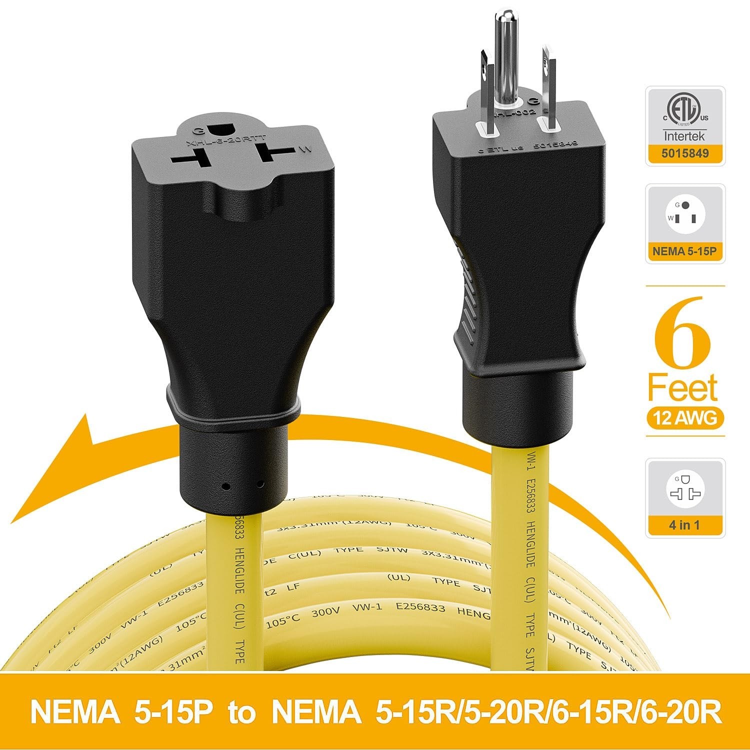 [6-Feet] 12AWG 15 Amp Household AC Plug to 20 Amp T Blade Adapter Cable, 5-15…