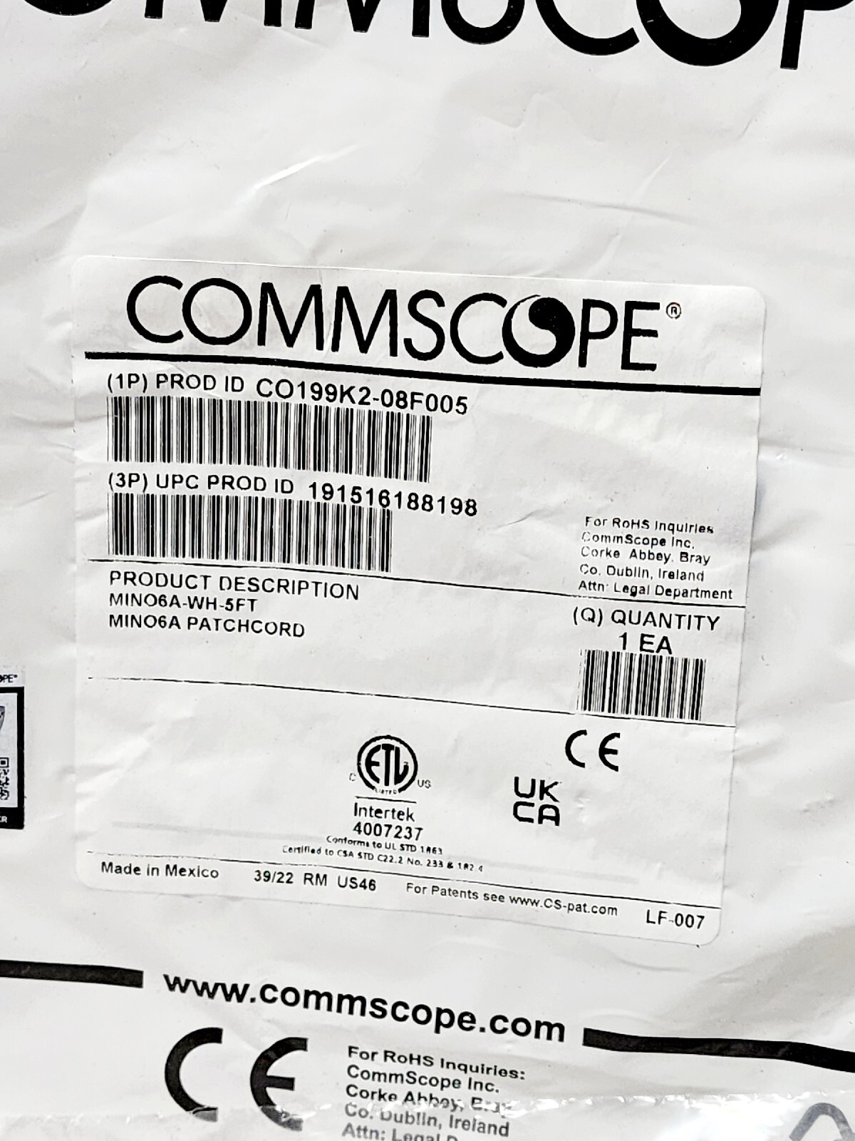 Commscope CO199K2-08F005 Jacket Color White Patch Cord 5 Ft. 2 pack